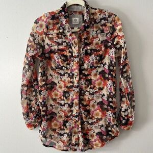 Element Womens Blouse Floral Flower sheer Shirt Top skate Sz Small  Cream Orange